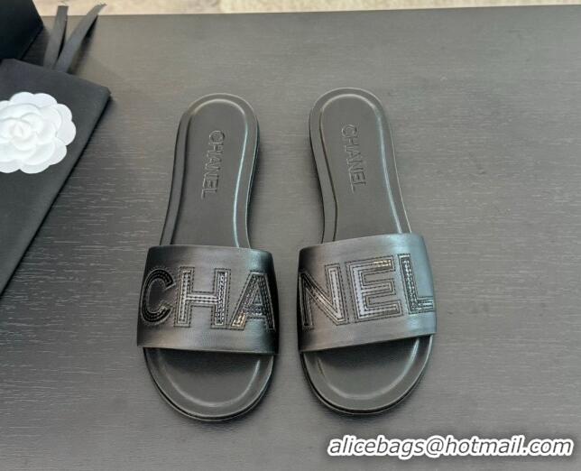 Best Price Chanel Calfskin & Patent Flat Slides Sandal Black 701039