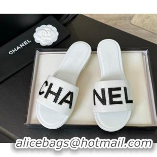 Good Product Chanel Calfskin & Patent Flat Slides Sandal White 701040