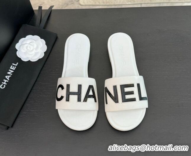 Good Product Chanel Calfskin & Patent Flat Slides Sandal White 701040