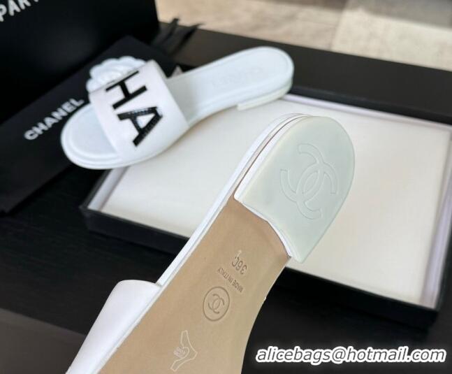 Good Product Chanel Calfskin & Patent Flat Slides Sandal White 701040