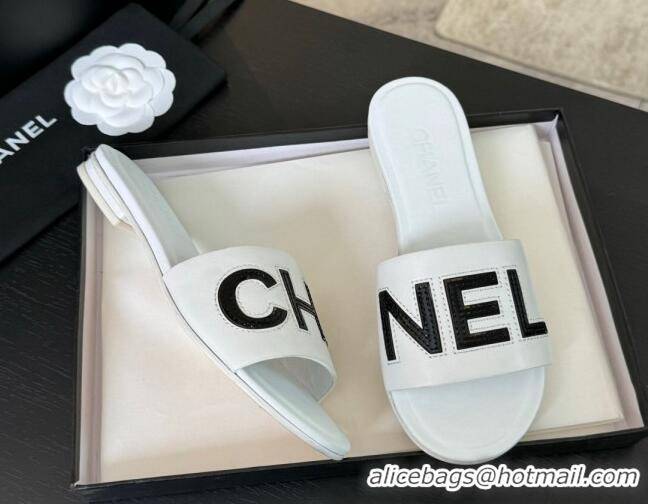 Good Product Chanel Calfskin & Patent Flat Slides Sandal White 701040