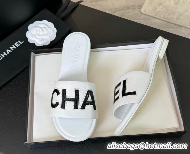 Good Product Chanel Calfskin & Patent Flat Slides Sandal White 701040