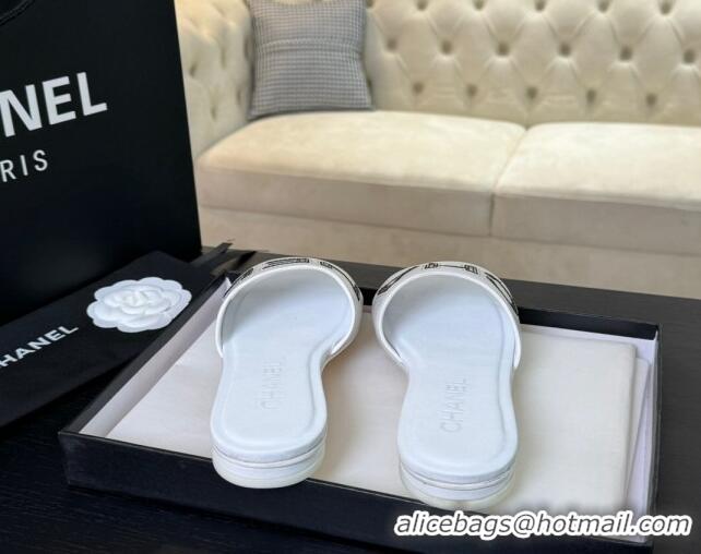 Good Product Chanel Calfskin & Patent Flat Slides Sandal White 701040