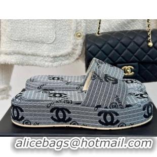 Good Looking Chanel CC Canvas Platform Slides Sandal 4cm Grey 701041