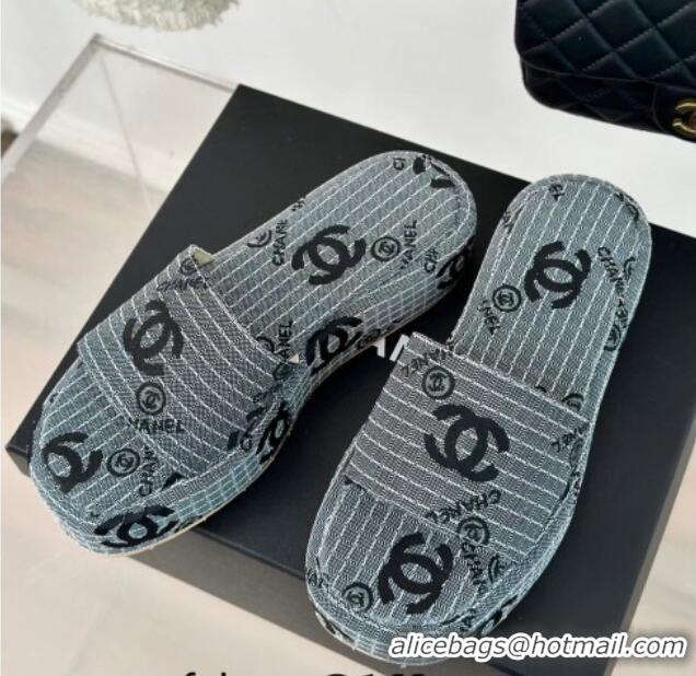 Good Looking Chanel CC Canvas Platform Slides Sandal 4cm Grey 701041