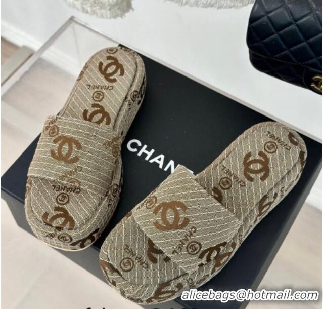 Popular Style Chanel CC Canvas Platform Slides Sandal 4cm Beige 701042