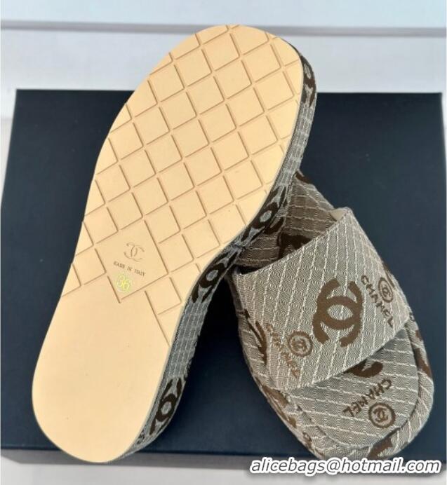 Popular Style Chanel CC Canvas Platform Slides Sandal 4cm Beige 701042