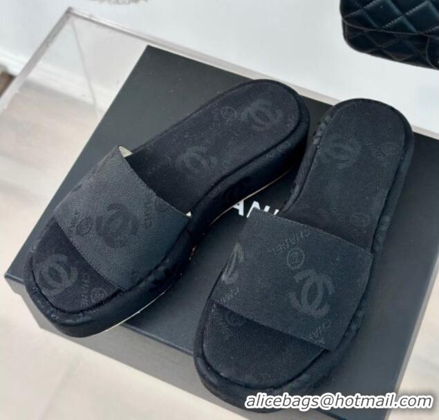 Stylish Chanel CC Canvas Platform Slides Sandal 4cm Black 701043