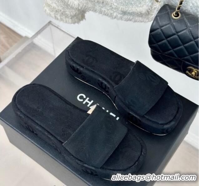 Stylish Chanel CC Canvas Platform Slides Sandal 4cm Black 701043