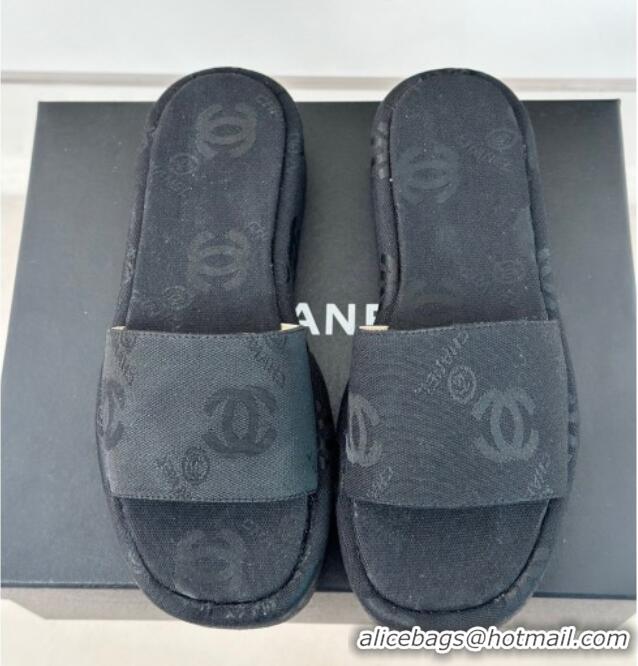 Stylish Chanel CC Canvas Platform Slides Sandal 4cm Black 701043