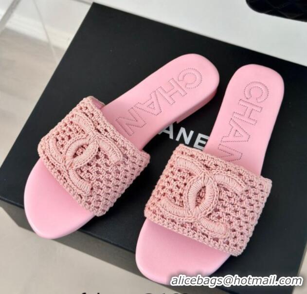 Good Quality Chanel Crochet Flat Slides Sandal Pink 701044