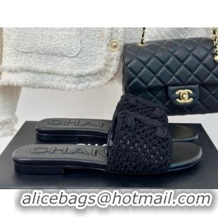 Best Product Chanel Crochet Flat Slides Sandal Black 701046