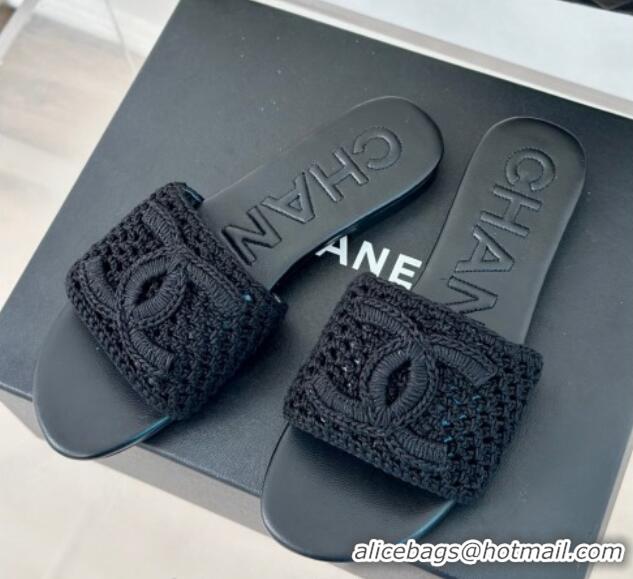 Best Product Chanel Crochet Flat Slides Sandal Black 701046