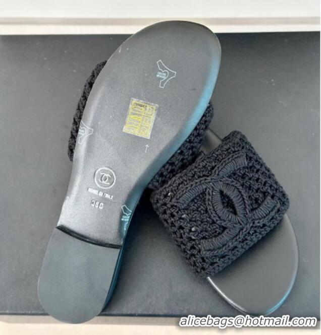 Best Product Chanel Crochet Flat Slides Sandal Black 701046