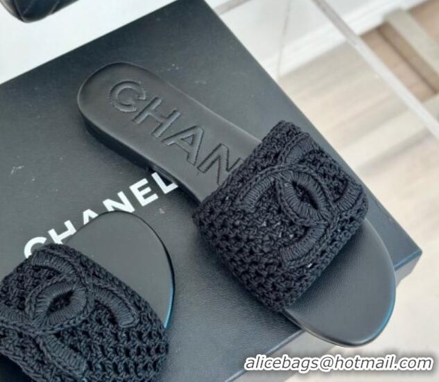 Best Product Chanel Crochet Flat Slides Sandal Black 701046