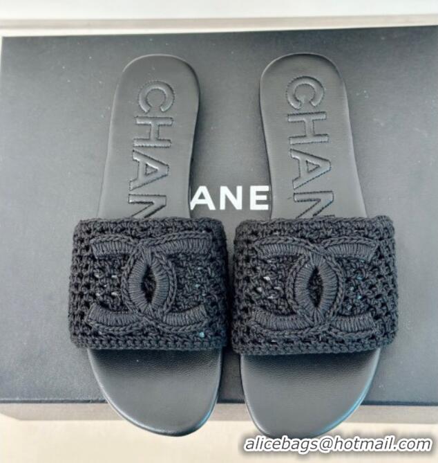 Best Product Chanel Crochet Flat Slides Sandal Black 701046