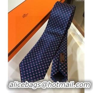 Reproduction Hermes Silk Tie with Double H 05074 Dark Blue 2023