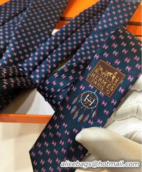 Reproduction Hermes Silk Tie with Double H 05074 Dark Blue 2023