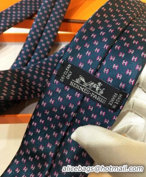 Reproduction Hermes Silk Tie with Double H 05074 Dark Blue 2023