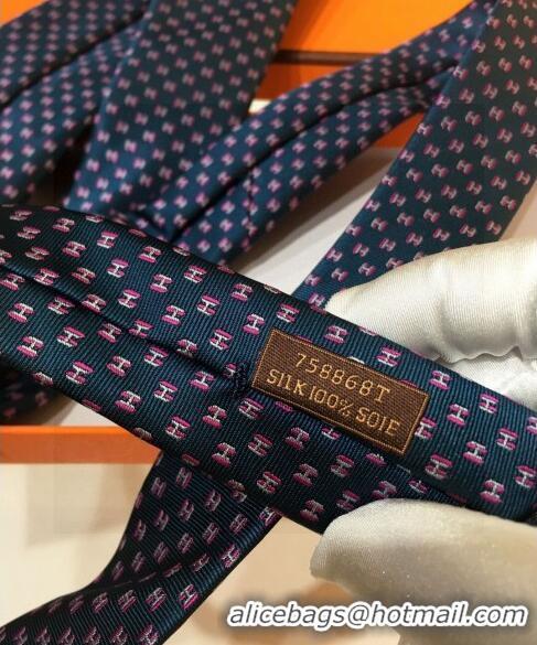 Reproduction Hermes Silk Tie with Double H 05074 Dark Blue 2023