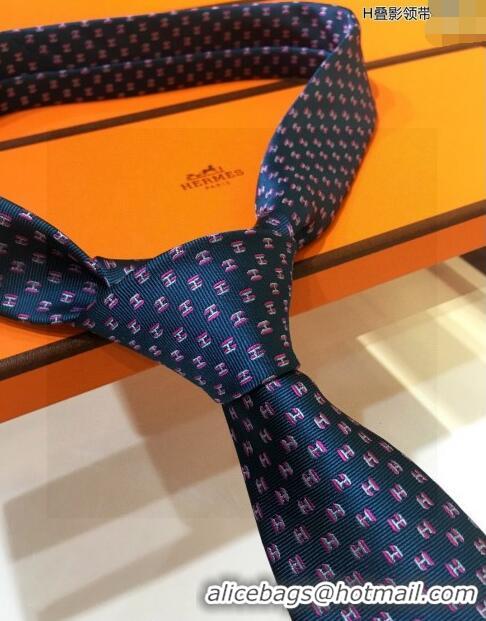 Reproduction Hermes Silk Tie with Double H 05074 Dark Blue 2023