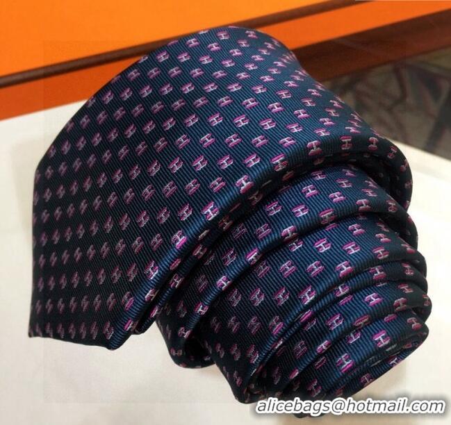 Reproduction Hermes Silk Tie with Double H 05074 Dark Blue 2023