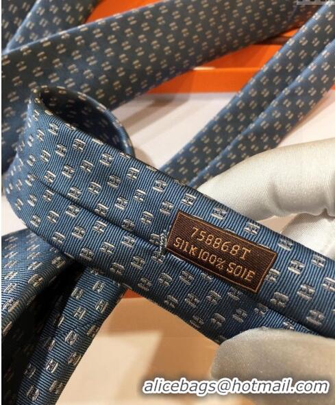 New Design Hermes Silk Tie with Double H 05074 Dusty Blue 2023 