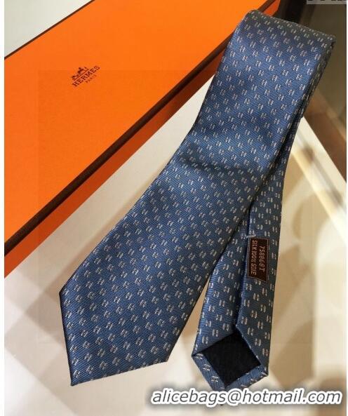 New Design Hermes Silk Tie with Double H 05074 Dusty Blue 2023 