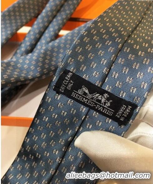 New Design Hermes Silk Tie with Double H 05074 Dusty Blue 2023 