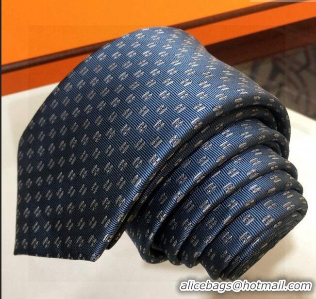 New Design Hermes Silk Tie with Double H 05074 Dusty Blue 2023 