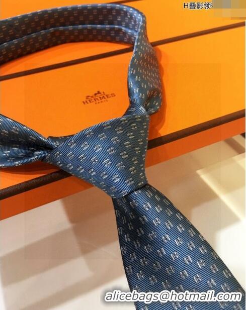 New Design Hermes Silk Tie with Double H 05074 Dusty Blue 2023 