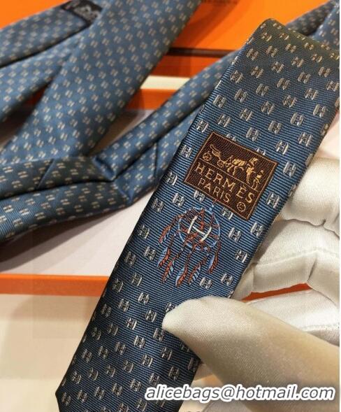 New Design Hermes Silk Tie with Double H 05074 Dusty Blue 2023 