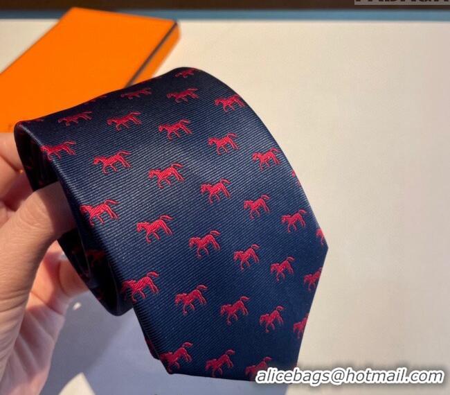 Original Cheap Hermes Horse Silk Tie 1019 Navy Blue/Red 2023