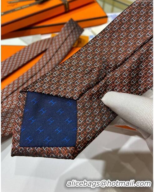 Newly Launched Hermes 7 H au Maillon Silk Tie H92107 Orange 2023