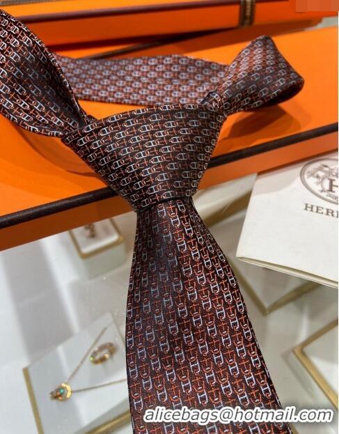 Newly Launched Hermes 7 H au Maillon Silk Tie H92107 Orange 2023