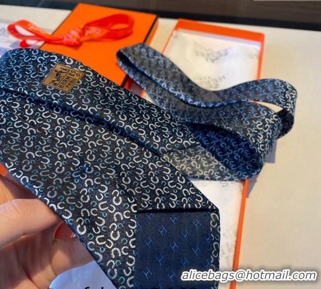 Best Quality Hermes Silk Tie in Horseshoe Embroidery 1122 Blue 2023