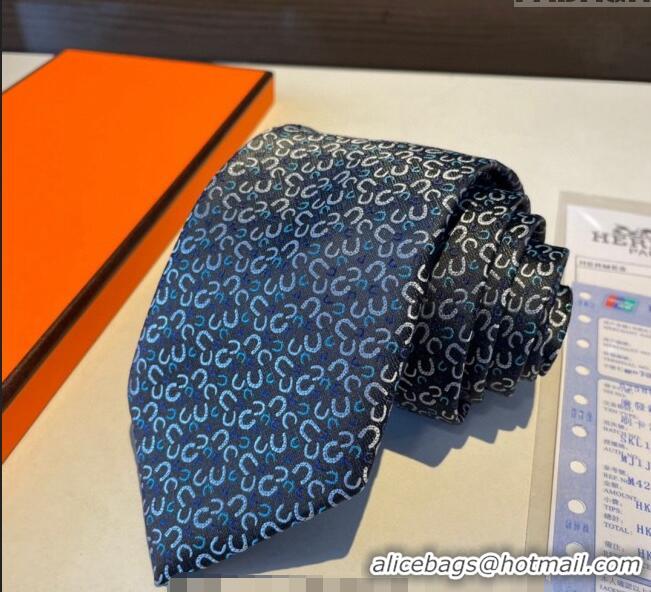 Best Quality Hermes Silk Tie in Horseshoe Embroidery 1122 Blue 2023