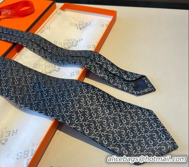 Best Quality Hermes Silk Tie in Horseshoe Embroidery 1122 Blue 2023