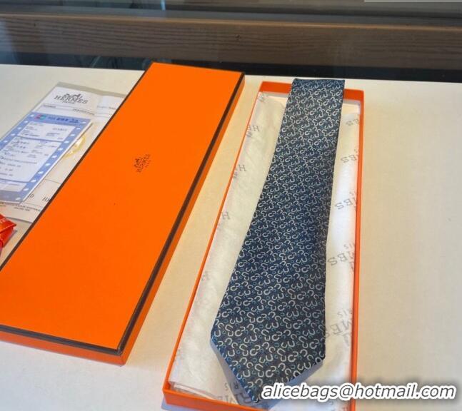 Best Quality Hermes Silk Tie in Horseshoe Embroidery 1122 Blue 2023