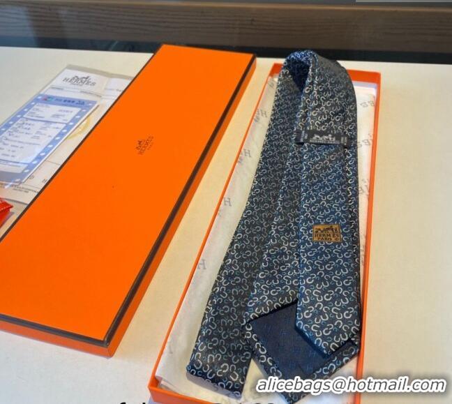 Best Quality Hermes Silk Tie in Horseshoe Embroidery 1122 Blue 2023