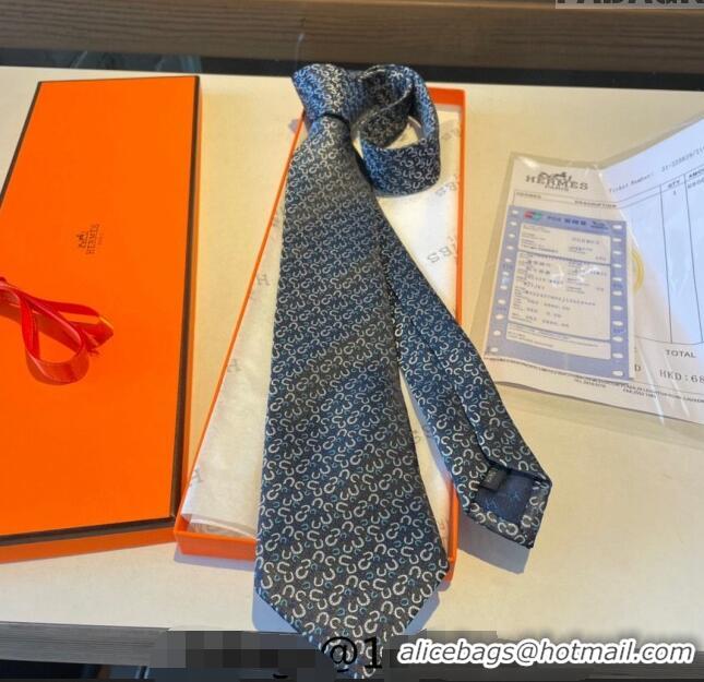 Best Quality Hermes Silk Tie in Horseshoe Embroidery 1122 Blue 2023