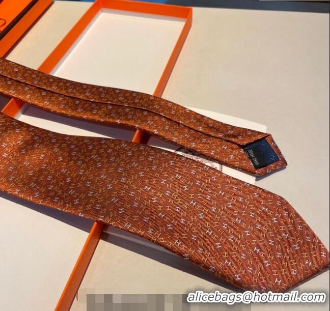 New Design Hermes Silk Tie in H Embroidery 1122 Orange 2023