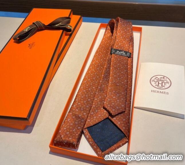 New Design Hermes Silk Tie in H Embroidery 1122 Orange 2023