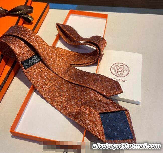 New Design Hermes Silk Tie in H Embroidery 1122 Orange 2023