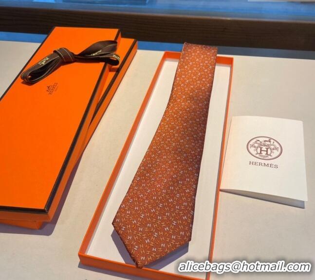 New Design Hermes Silk Tie in H Embroidery 1122 Orange 2023