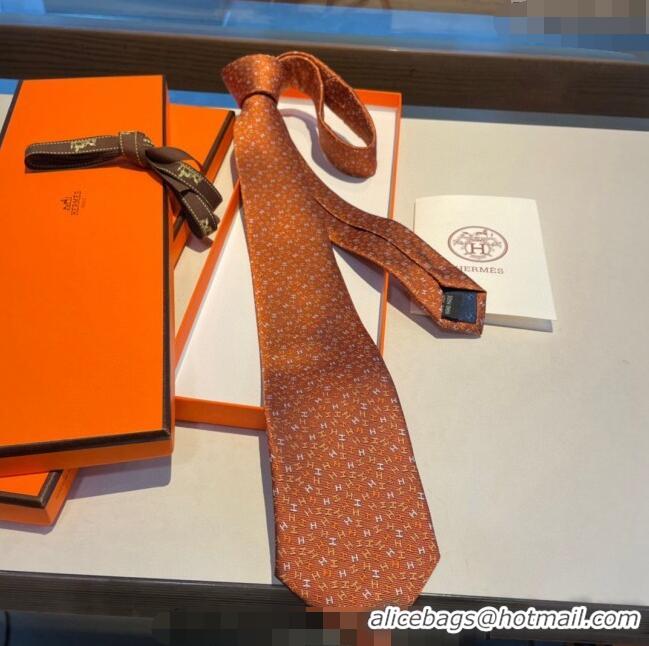 New Design Hermes Silk Tie in H Embroidery 1122 Orange 2023