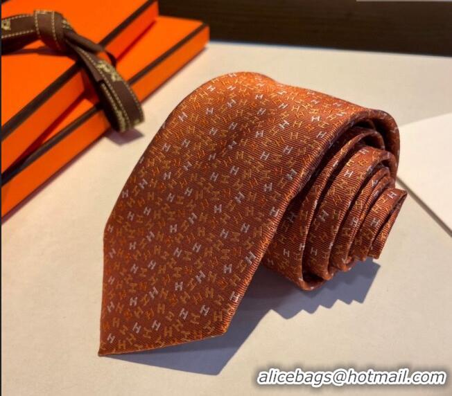 New Design Hermes Silk Tie in H Embroidery 1122 Orange 2023