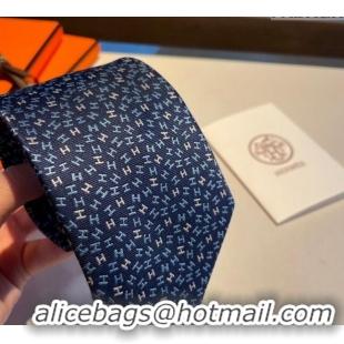 New Luxury Hermes Silk Tie in H Embroidery 1122 Navy Blue 2023