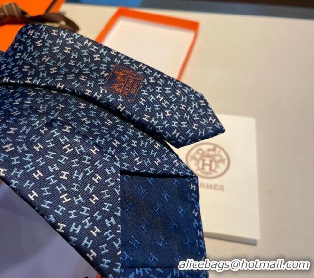 New Luxury Hermes Silk Tie in H Embroidery 1122 Navy Blue 2023