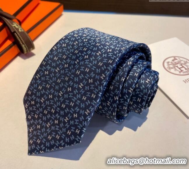 New Luxury Hermes Silk Tie in H Embroidery 1122 Navy Blue 2023